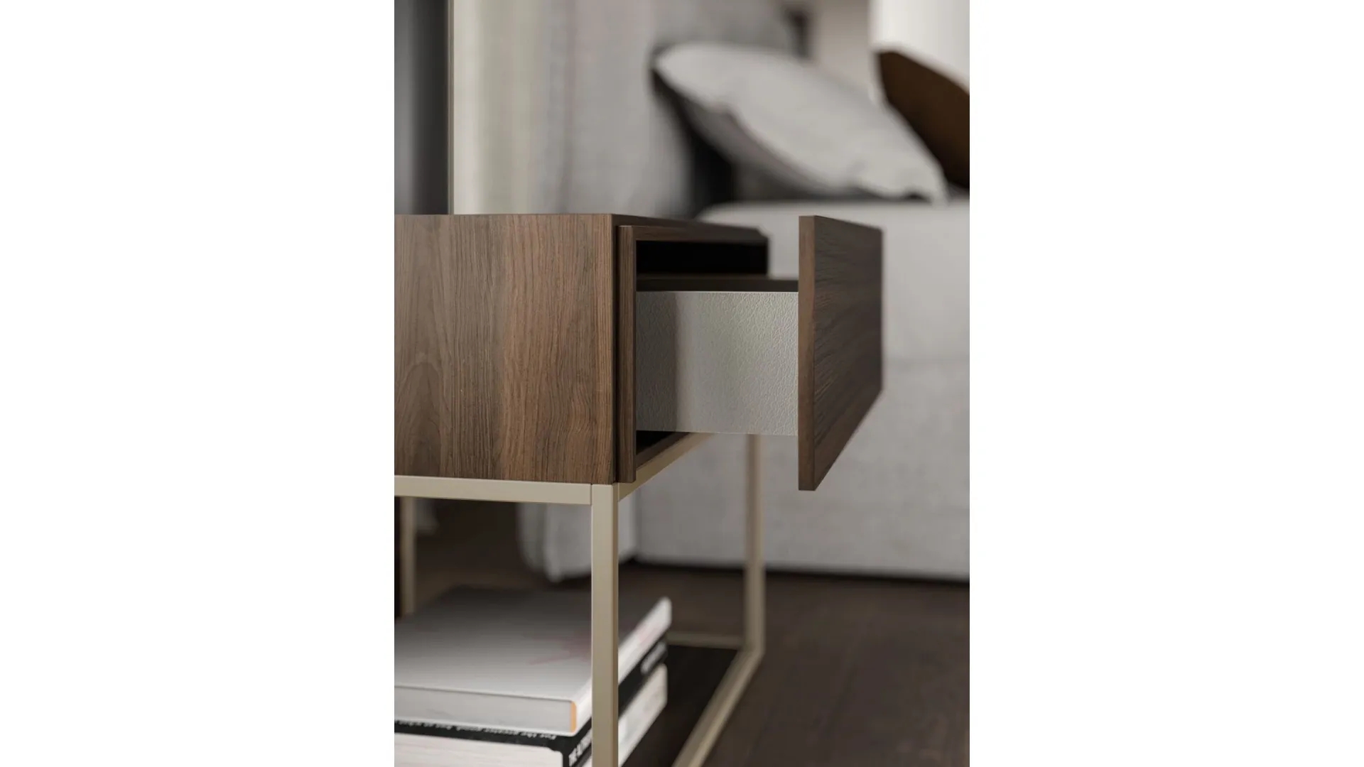 Double bedroom with bed Frame with fabric bed skirt and night group in textured Cotto.