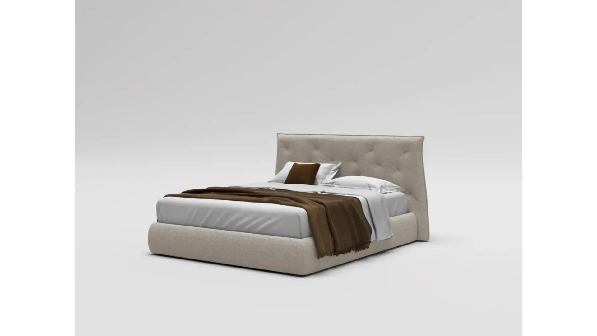 Double bedroom with bed Fiocco with fabric bedframe and night group in textured Cotto.