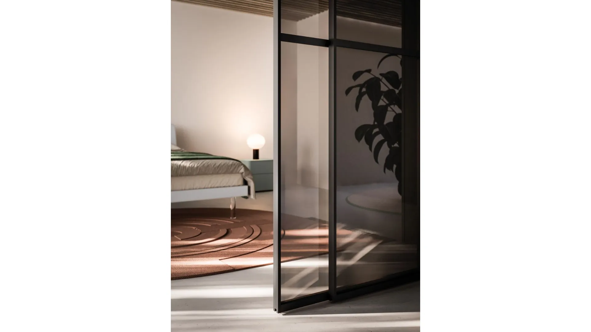 Double bedroom complete with Larissa bed and Lovi night group in Matt Lead lacquered finish.