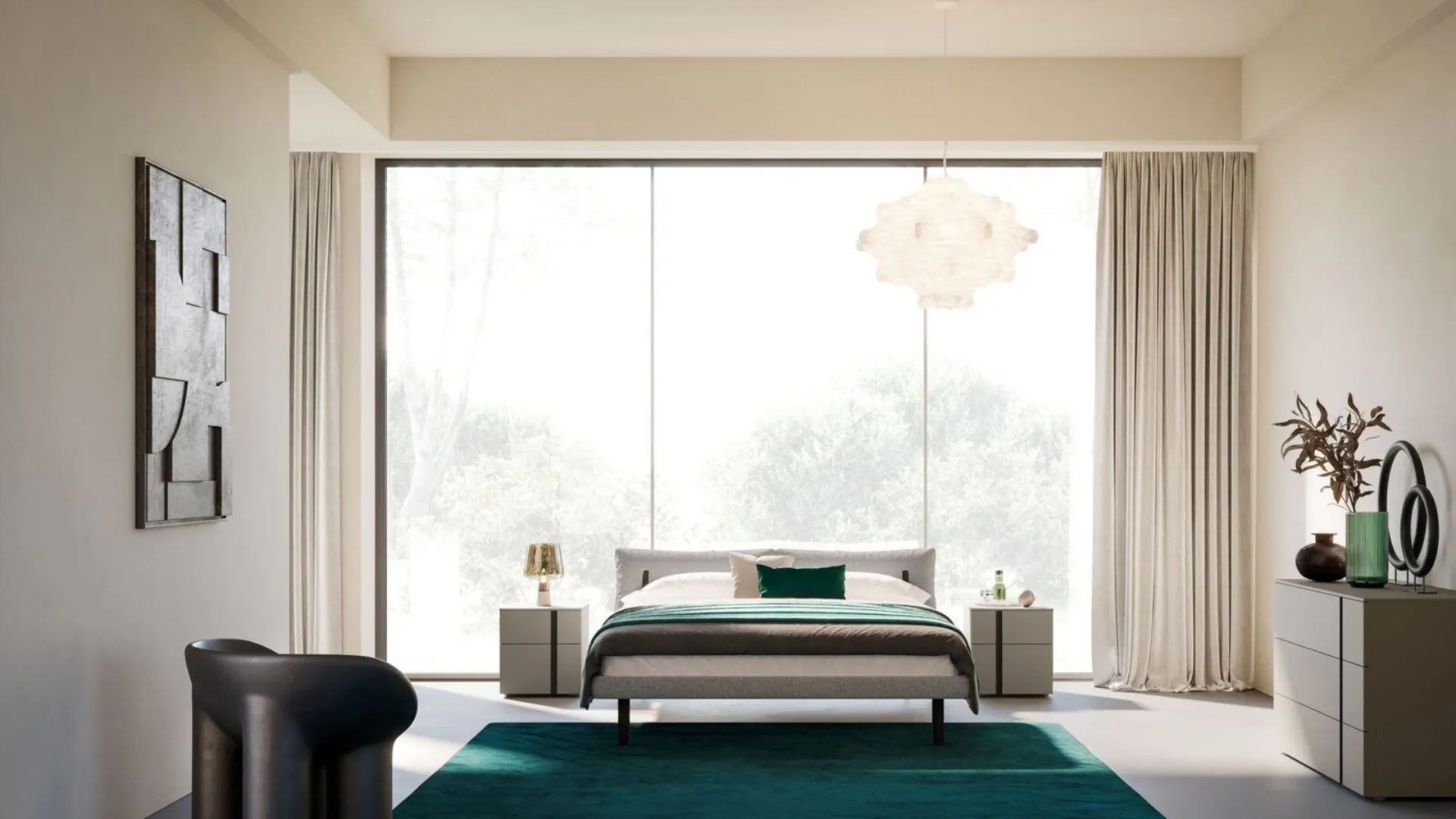 Double bedroom equipped with Brigitta upholstered bed and bedside tables/dresser in Titanium finish.