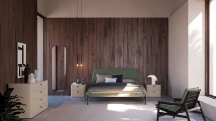 Complete bedroom with padded bed frame model Gaia and night elements with screen printed glass top.