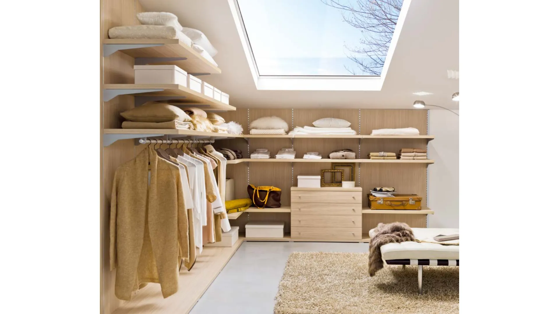 Custom-made corner walk-in closet in the attic.