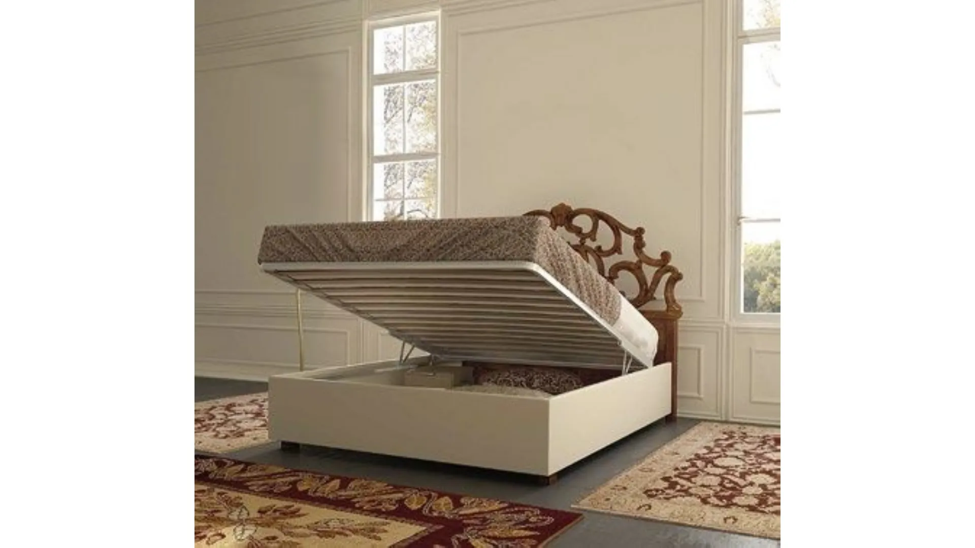 Double wooden beds in classic style of excellent craftsmanship.