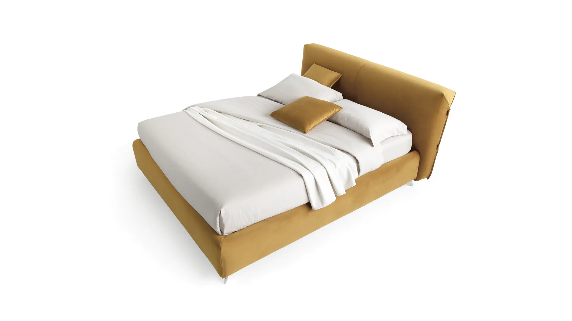 Double bed, with storage compartment, removable covers in different finishes and wooden feet.