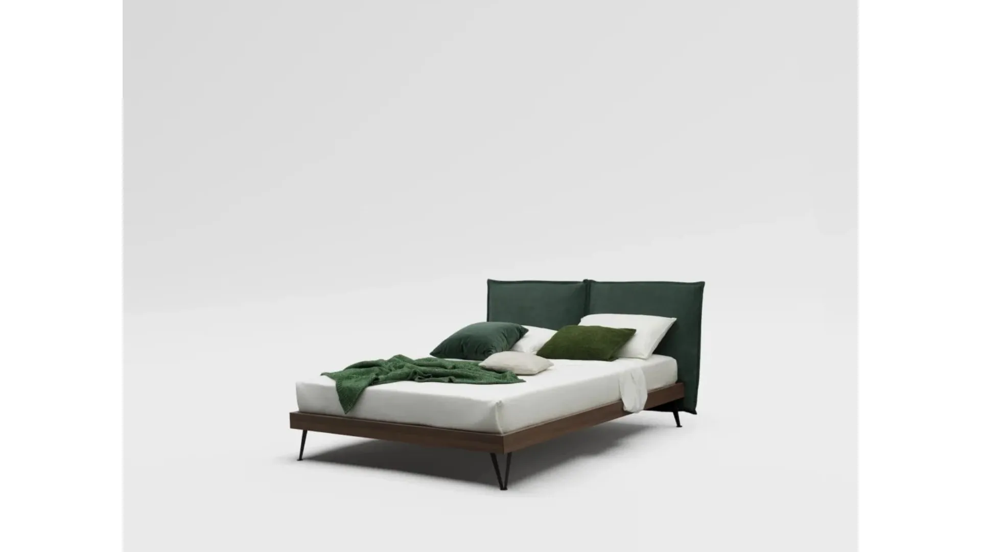 Double bed model Alissa upholstered in fabric with textured bed frame and metal feet.