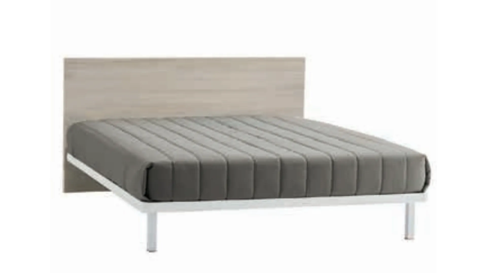 Double bed with headboard, version with inclined legs, customizable finishes.
