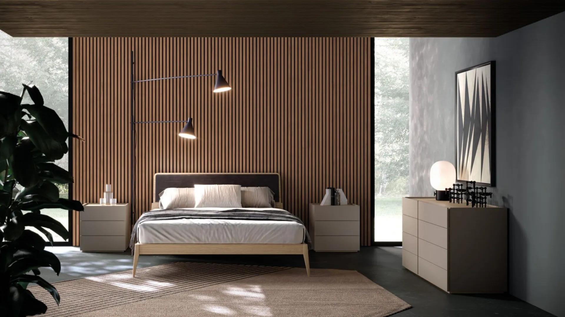 King-size bed model Larissa in textured Rovere finish like the headboard with panel.