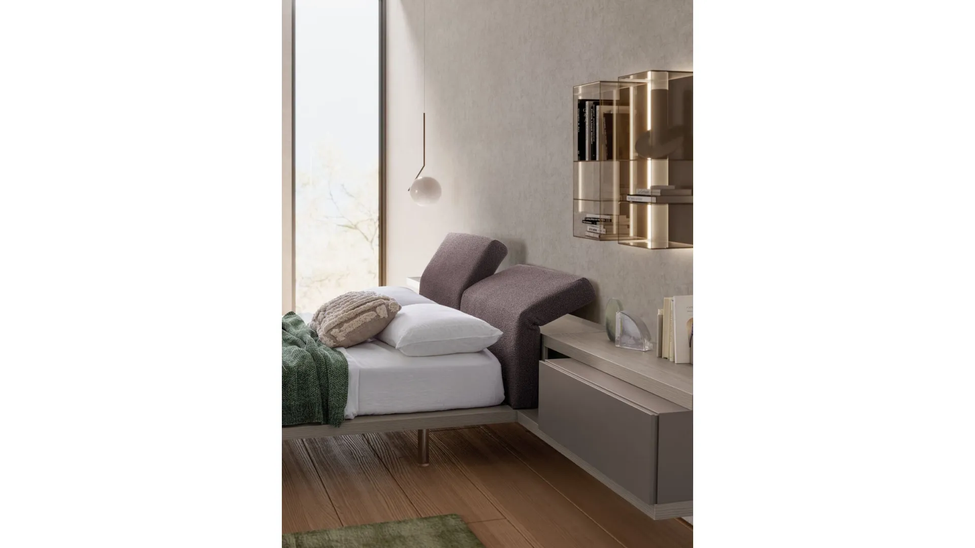 Double bed model Ofelia with reclining upholstered headboard in fabric