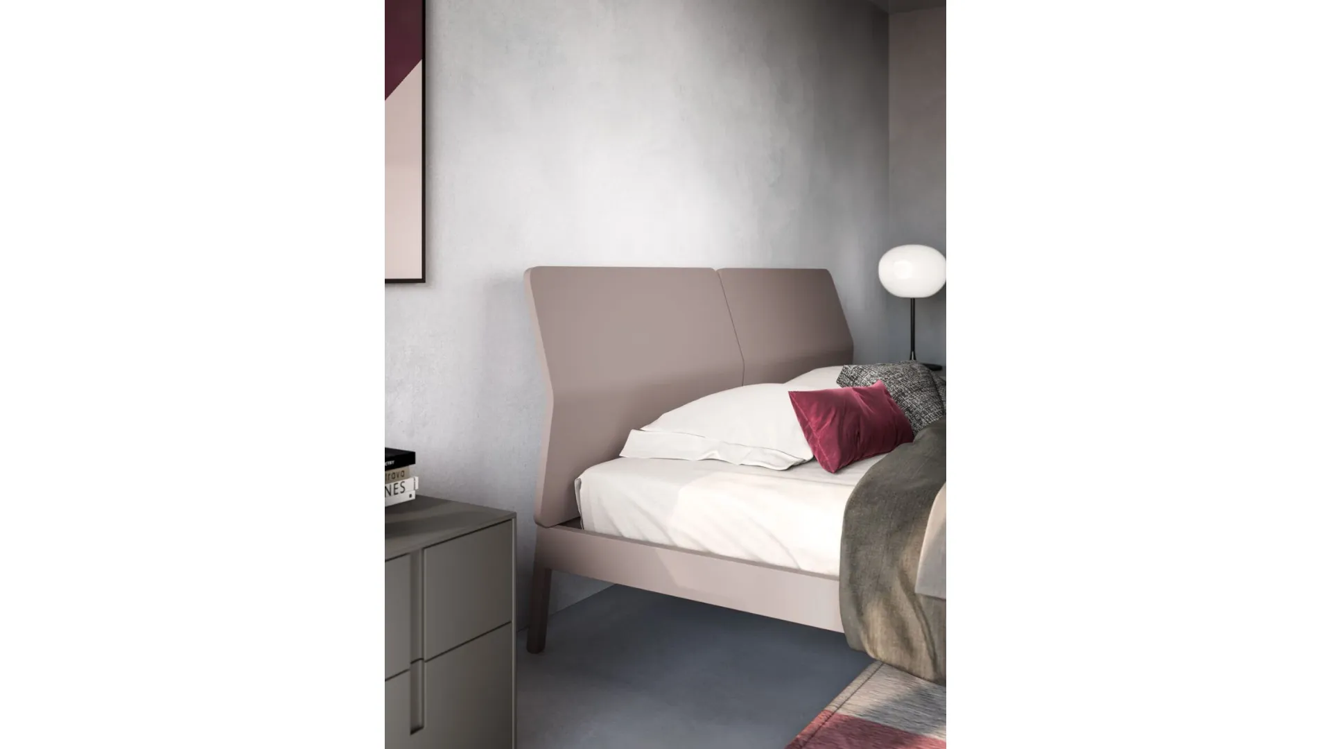 Double bed model Ofelia with matte lacquered bed frame and bronzed metal feet.