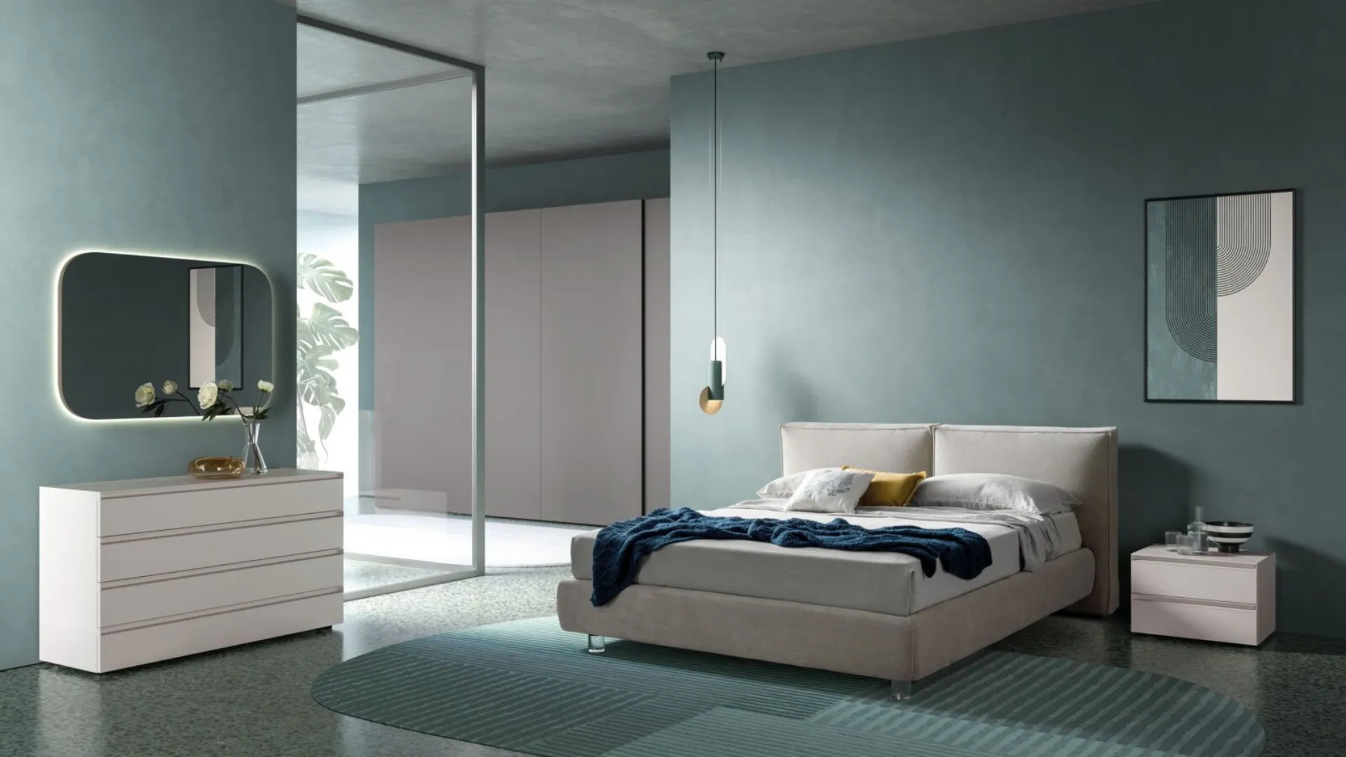 Double bed model Sally with headboard with two fabric cushions 160x200.