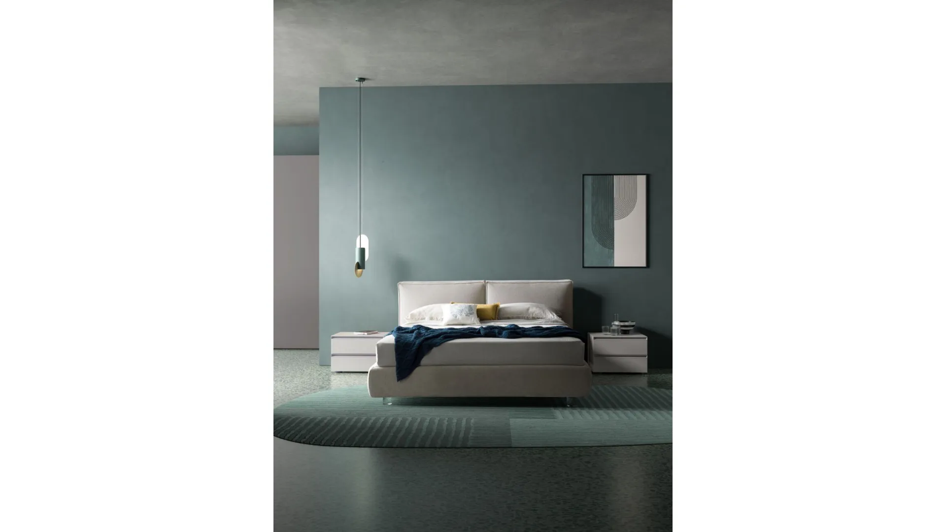 Double bed model Sally with a headboard with two cushioned panels in fabric 160x200.