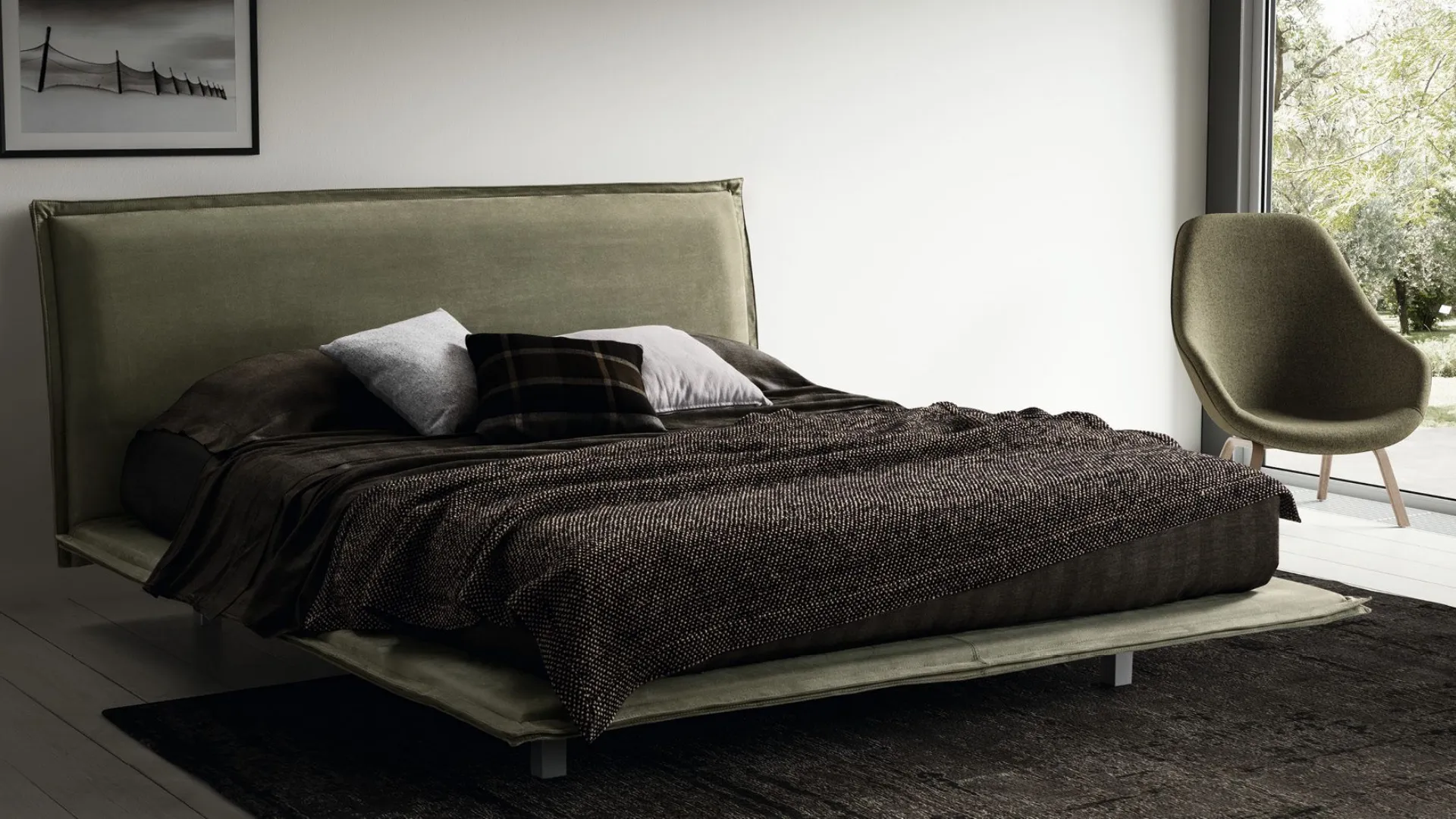 Double bed Sweet, padded and finished in Sage 160x200