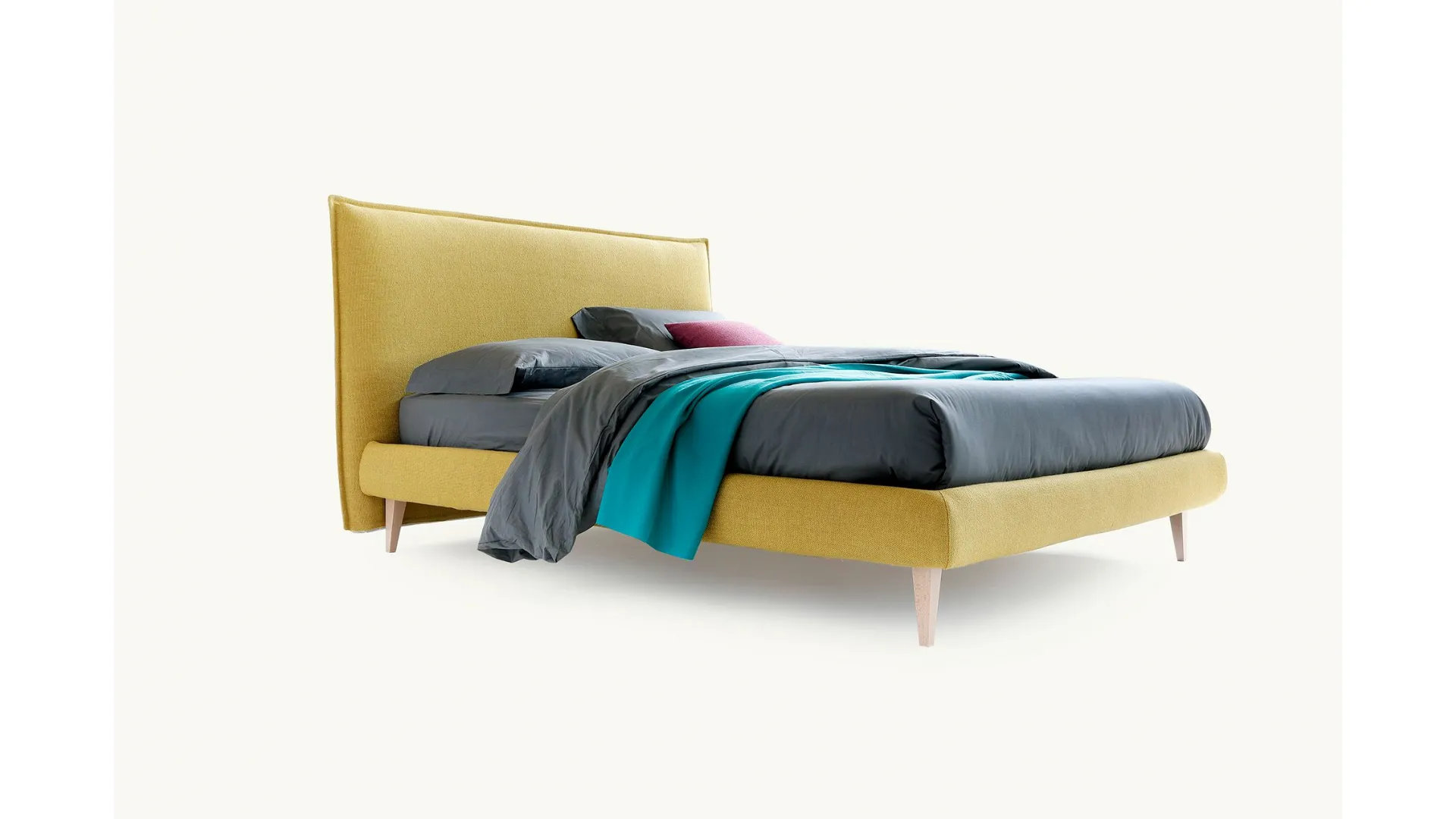 Double bed with padded headboard, customization of finishes.