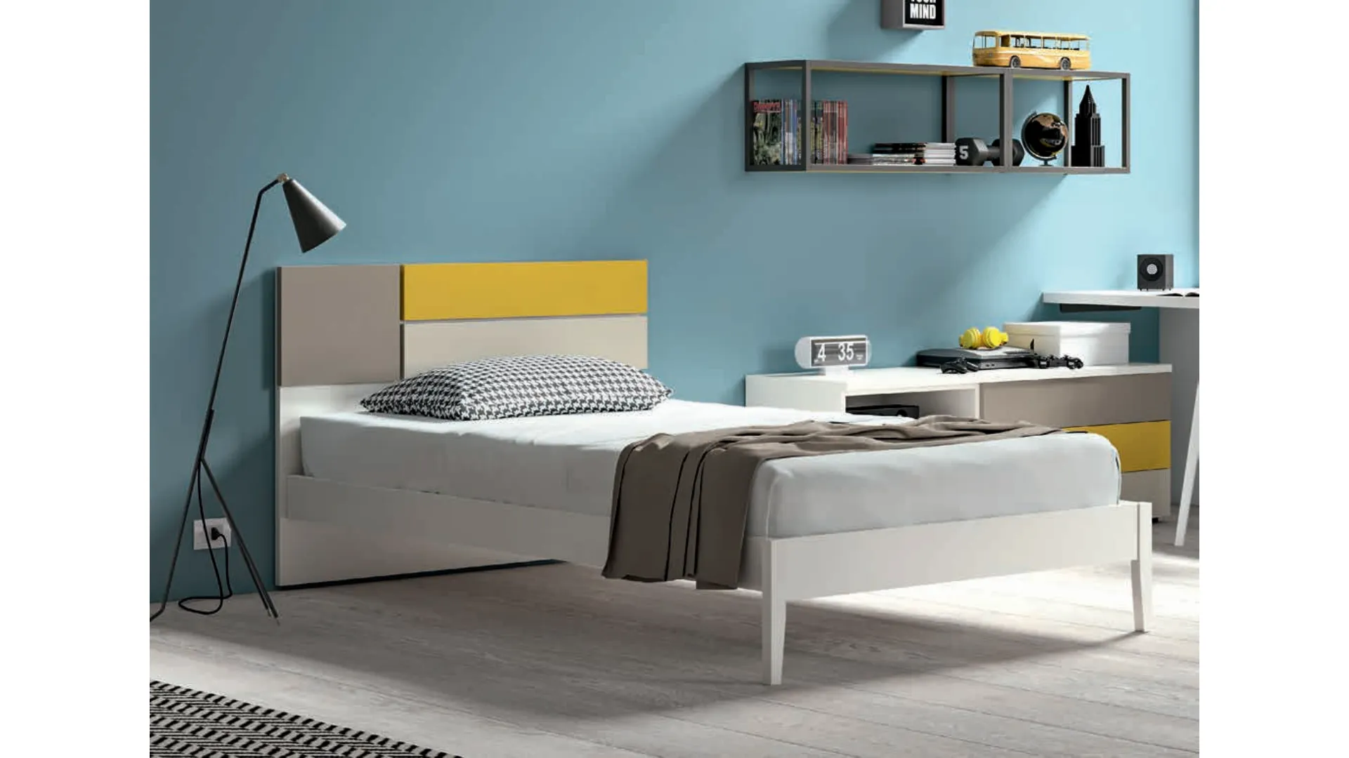 Queen size bed with headboard and applied panels, high-quality materials.