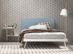 Queen-sized bed with headboard made up of two shaped panels, customizable finishes