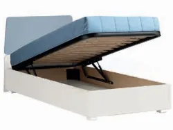 One and a half square bed with a headboard made up of two shaped panels, customizable finishes.