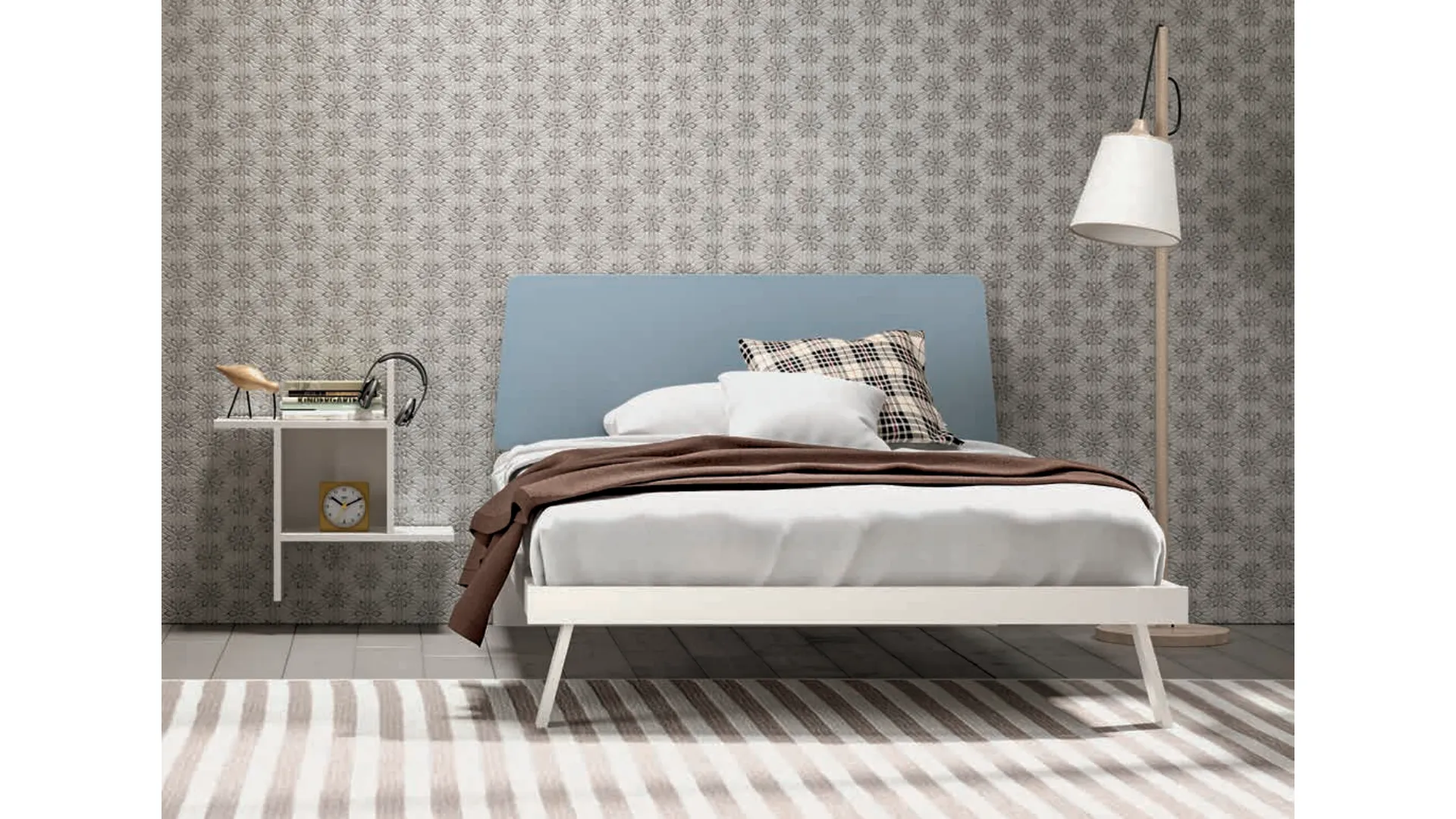 Queen-sized bed with headboard made up of two shaped panels, customizable finishes