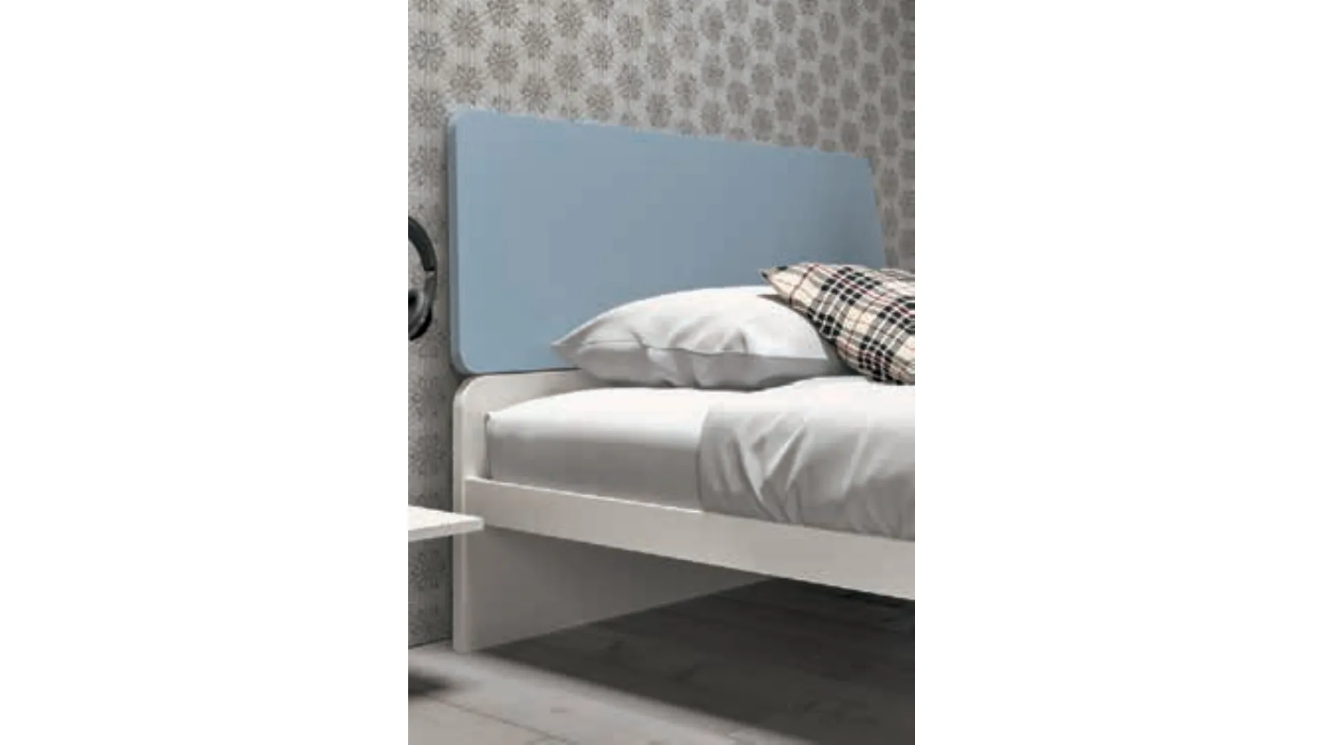Queen size bed with headboard made of two shaped panels, customizable finishes