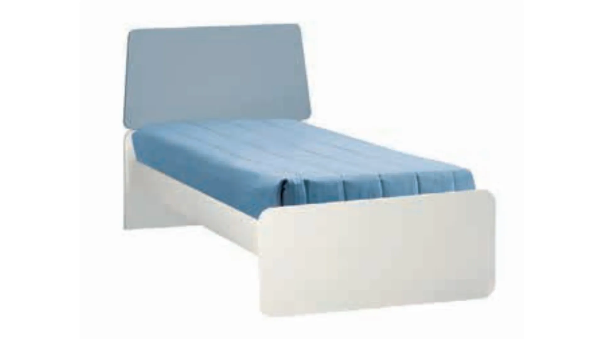 Square and a half bed with headboard consisting of two shaped panels, customizable finishes.