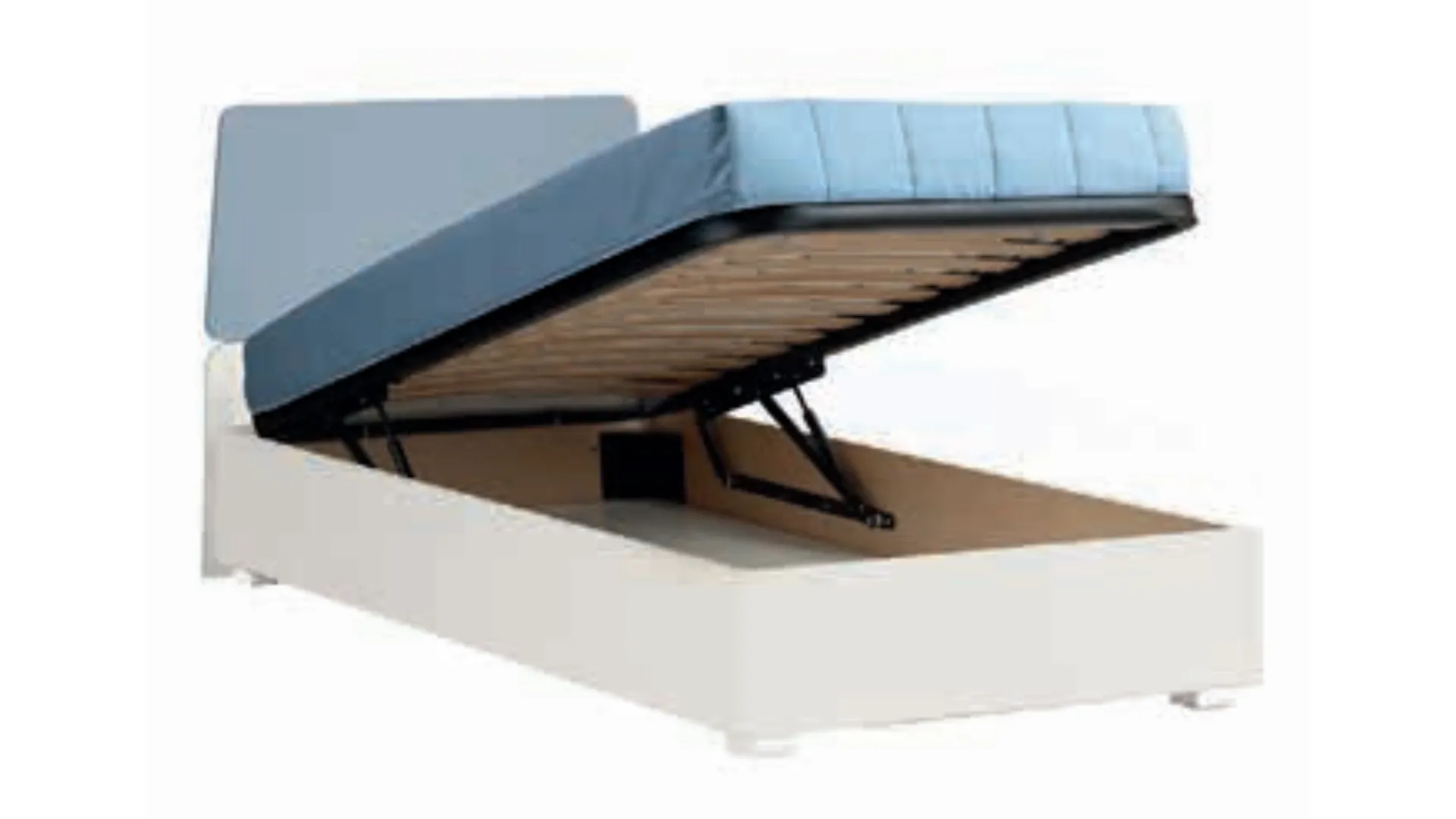 One and a half square bed with a headboard made up of two shaped panels, customizable finishes.