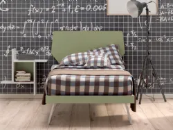 Single bed with headboard made up of two shaped panels, sturdy and stable structure.