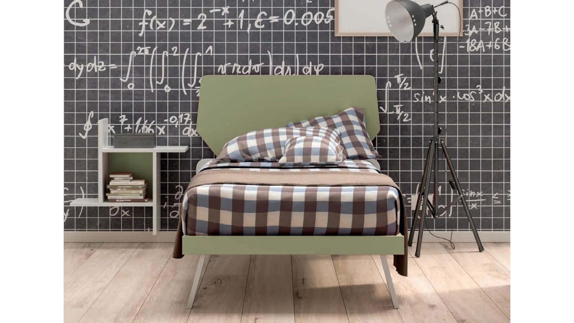 Single bed with headboard made up of two shaped panels, sturdy and stable structure.