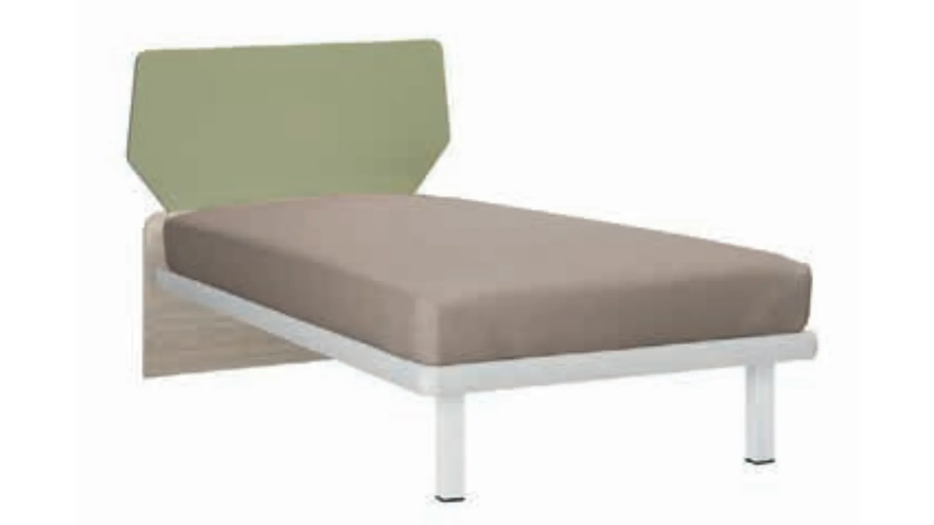 Single bed with headboard composed of two shaped panels, sturdy and stable structure.