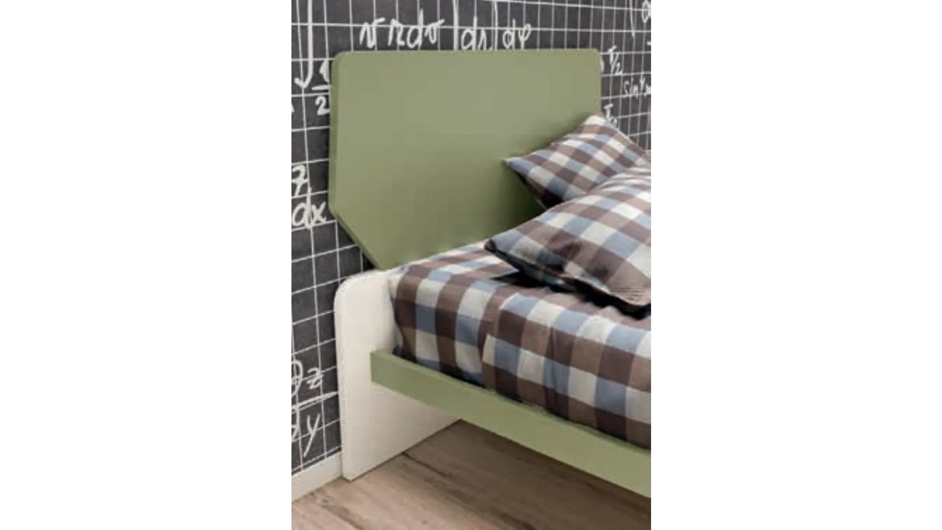 Single bed with headboard composed of two shaped panels, sturdy and stable structure.
