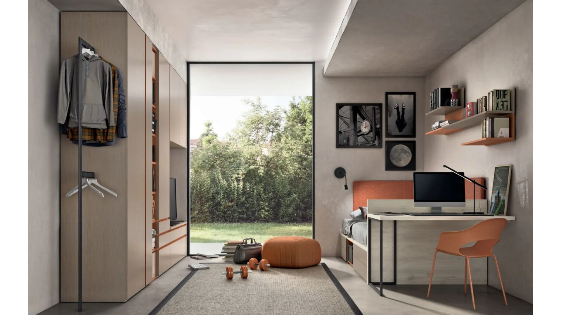Modern bedroom for teenagers with padded panels, softness and functionality.