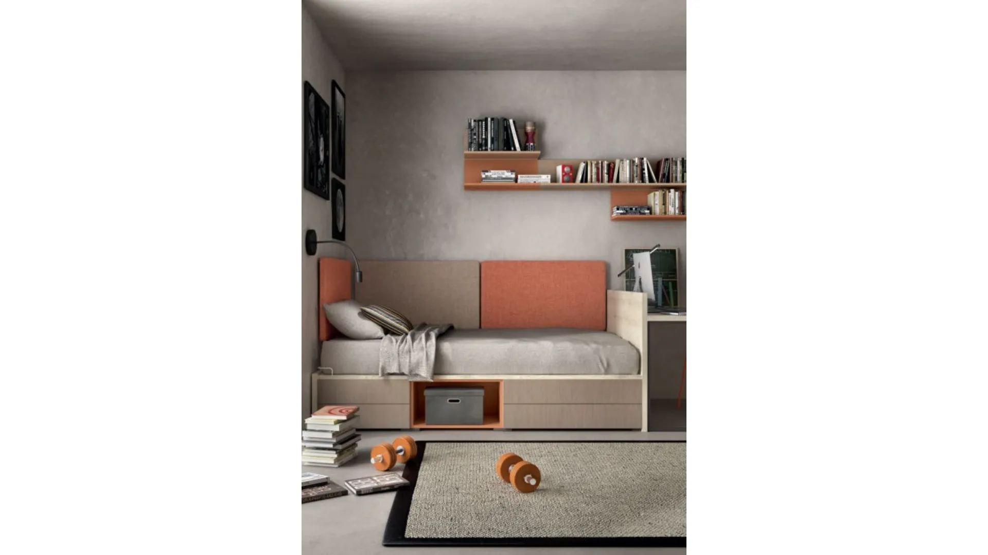 Modern bedroom for teenagers with padded panels, softness and functionality.