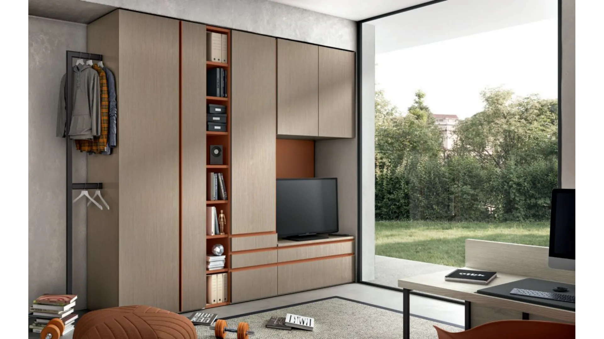 Modern bedroom for teenagers with padded panels, softness, and functionality.