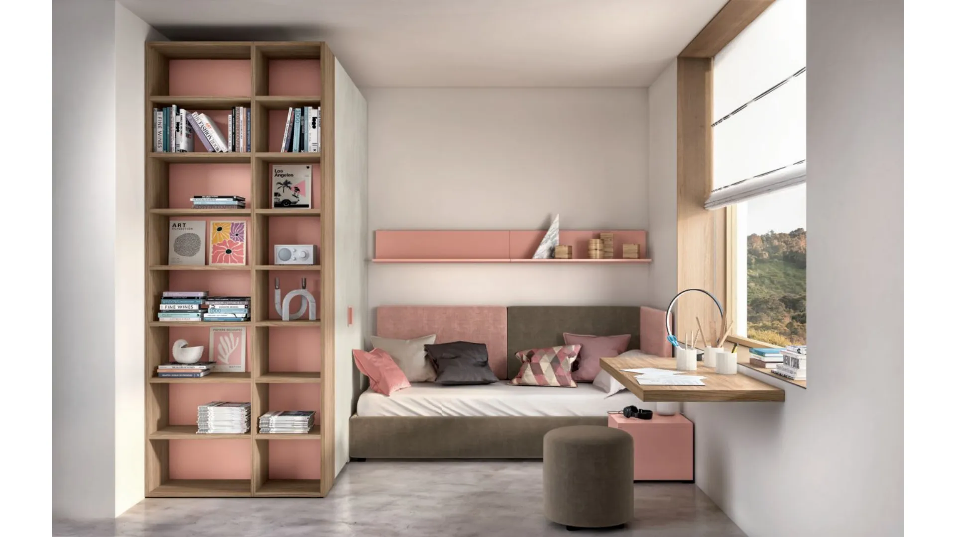 Functional and modern teenage room complete with wardrobe and suspended desk.