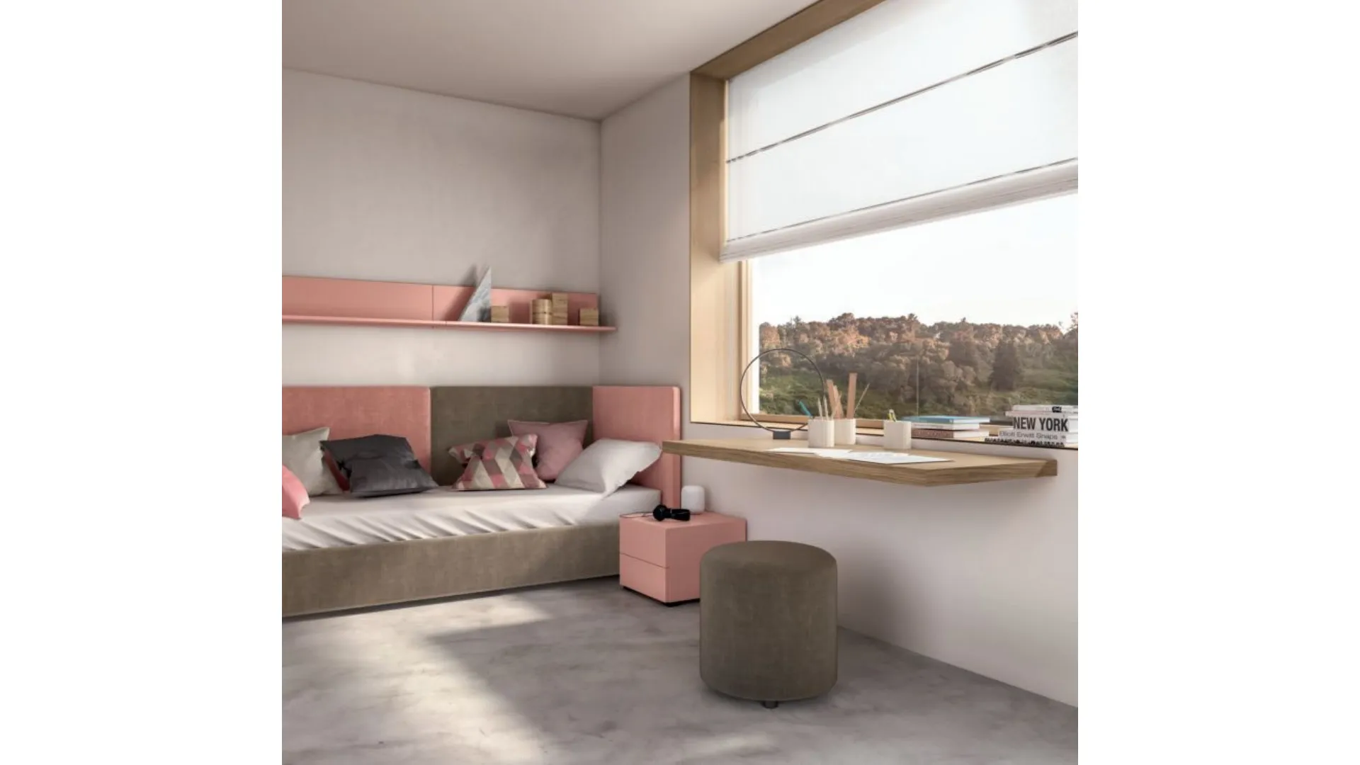Functional and modern teenage bedroom complete with a wardrobe and floating desk.