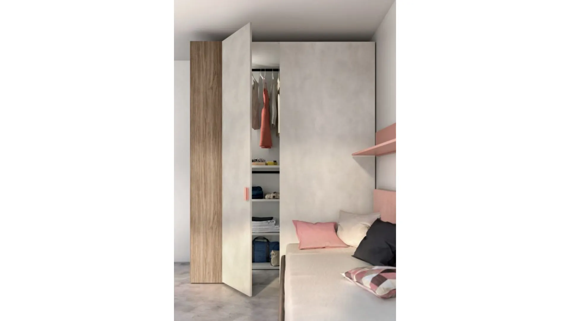 Functional and modern teenager room complete with wardrobe and suspended desk.