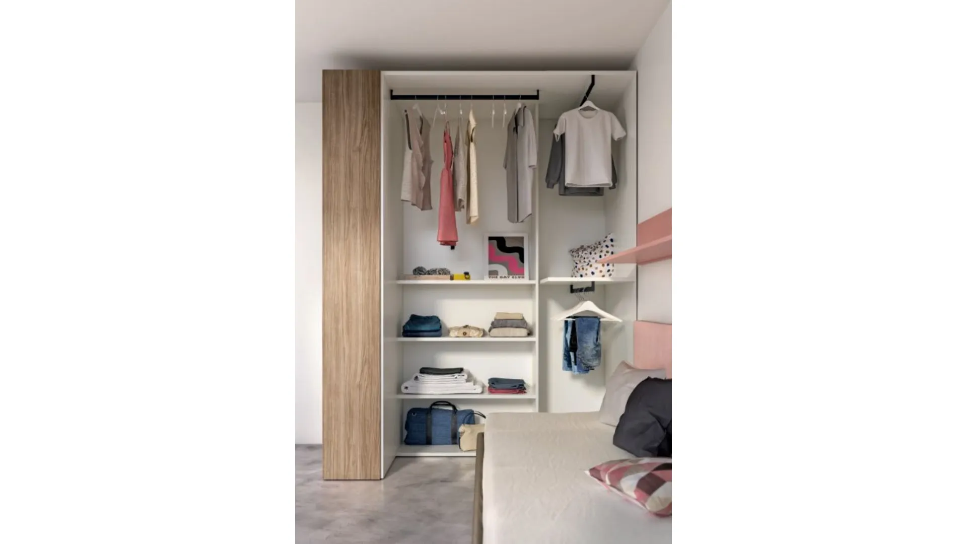 Functional and modern teenage room complete with a wardrobe and suspended desk.