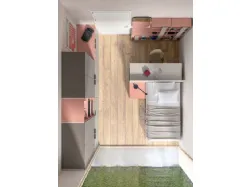 Modern teenage bedroom with a desk that doubles as a headboard to optimize space.