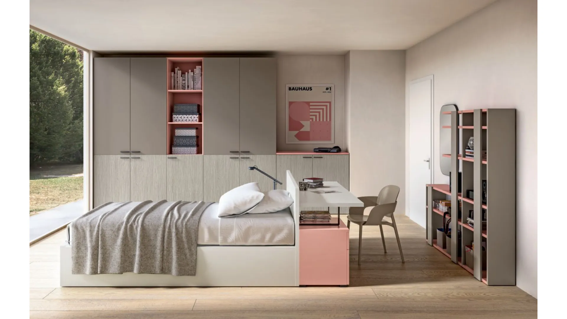 Modern teenager room with a desk that acts as a headboard to optimize space.