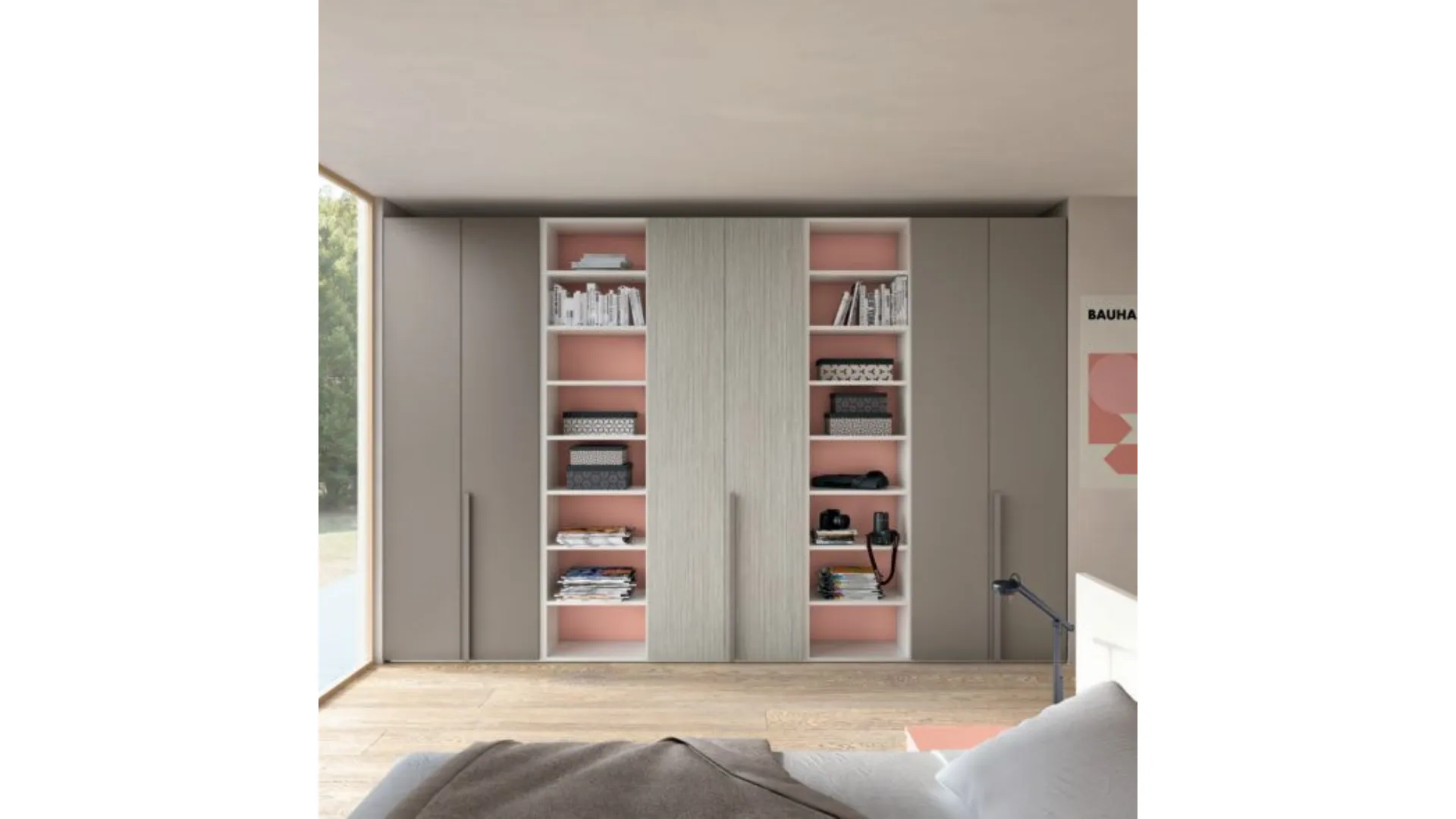 Modern teen room with a desk serving as a headboard to optimize space