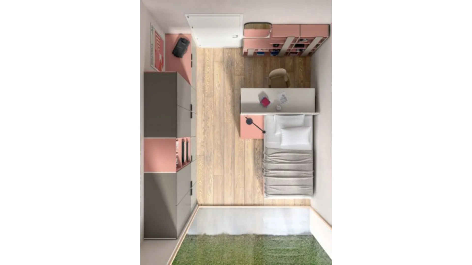 Modern teenage bedroom with a desk that doubles as a headboard to optimize space.