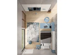 Modern complete bedroom with customizable panels that act as a headboard.