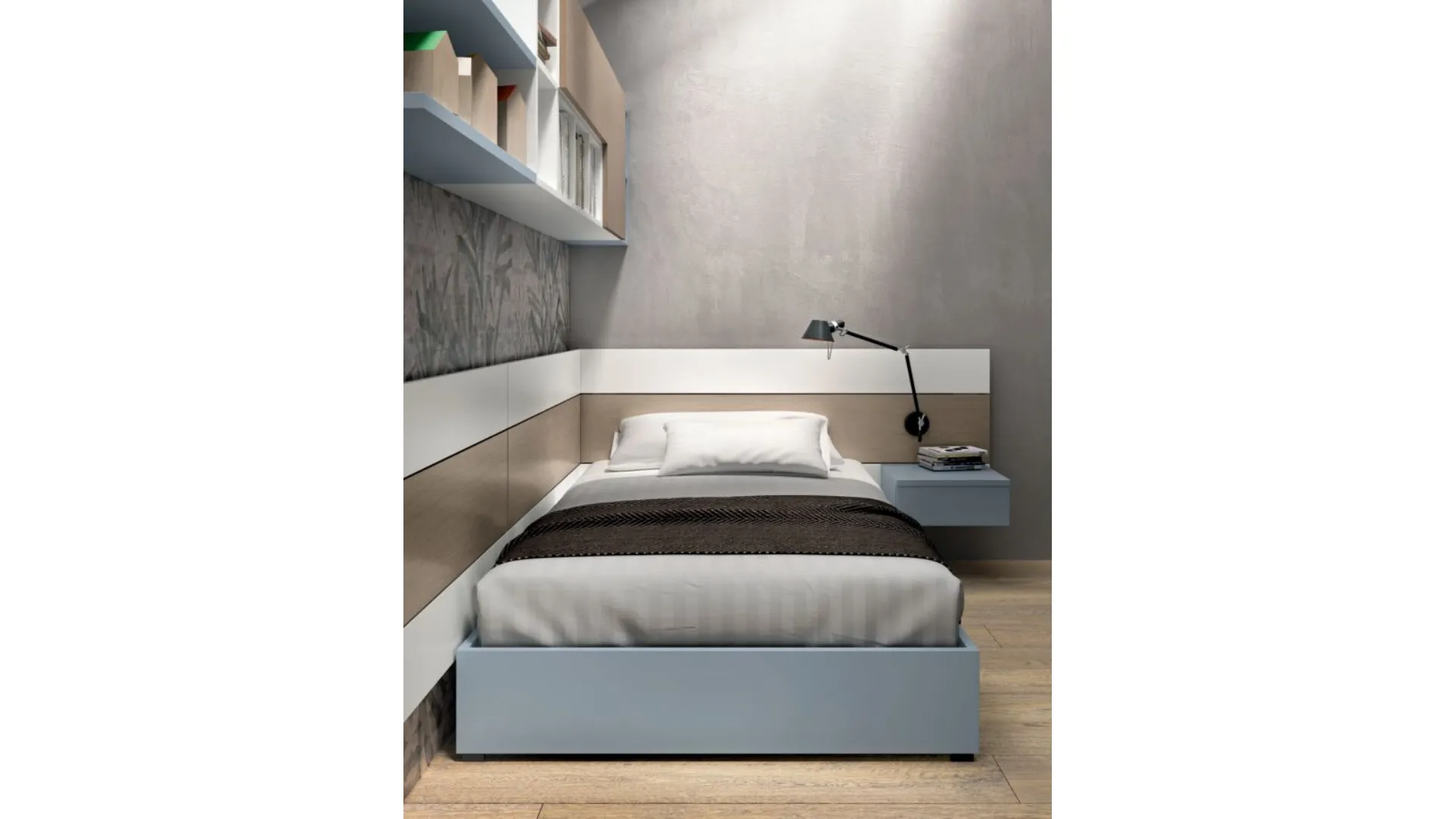 Modern complete bedroom, with customizable panels that act as a headboard.