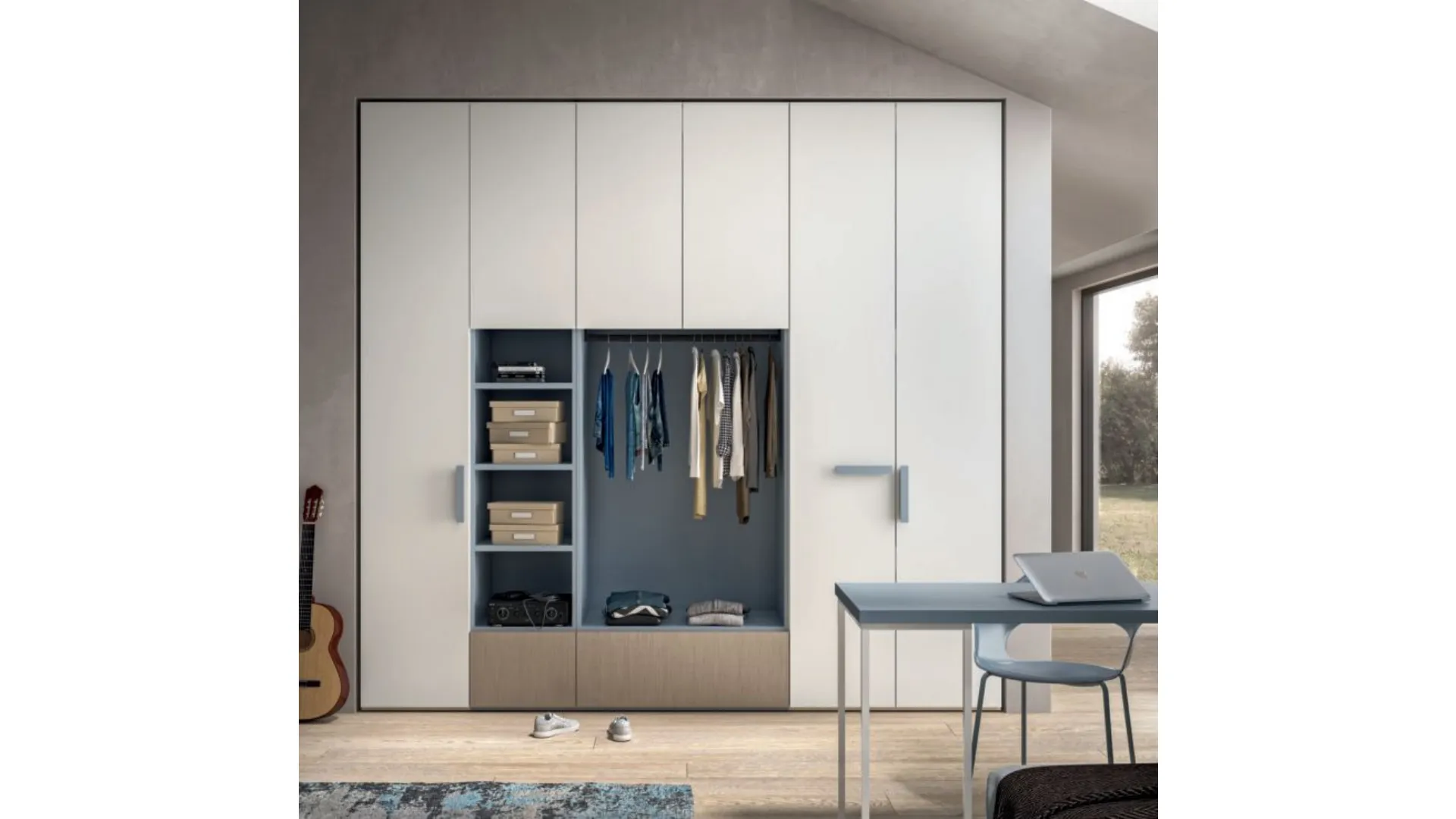 Modern complete bedroom, with customizable panels that act as a headboard.