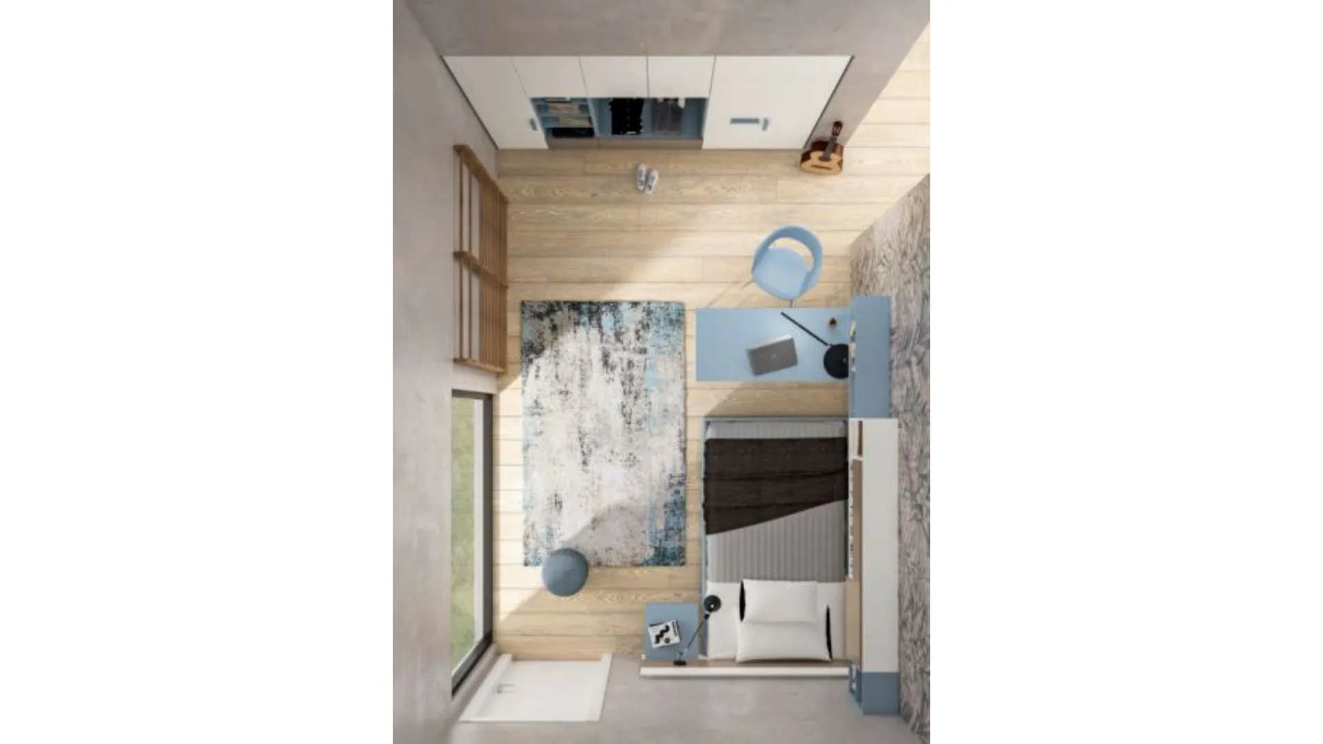 Modern complete bedroom with customizable panels that act as a headboard.