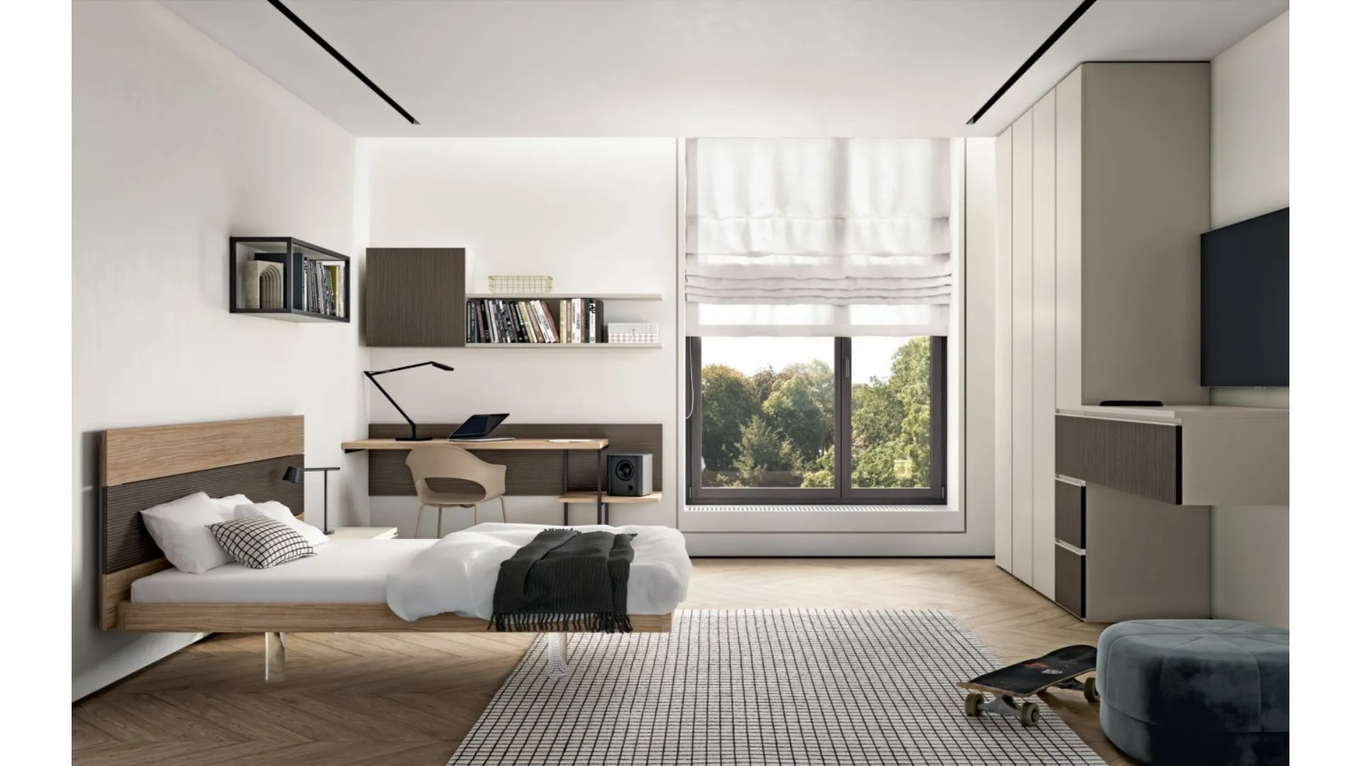 Modern design bedroom with desk and peninsula unit ideal for integrating TV.