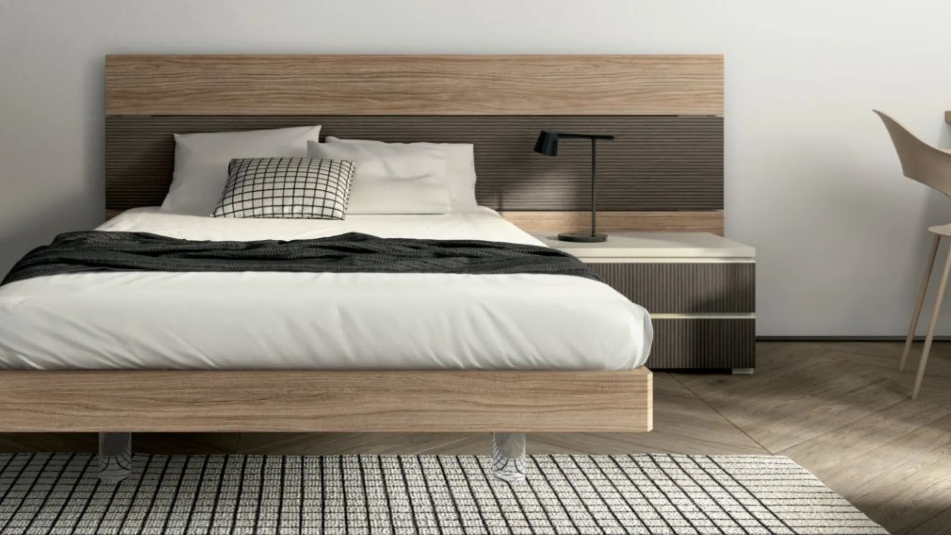 Modern designed bedroom with desk and peninsula furniture, ideal for integrating a TV.