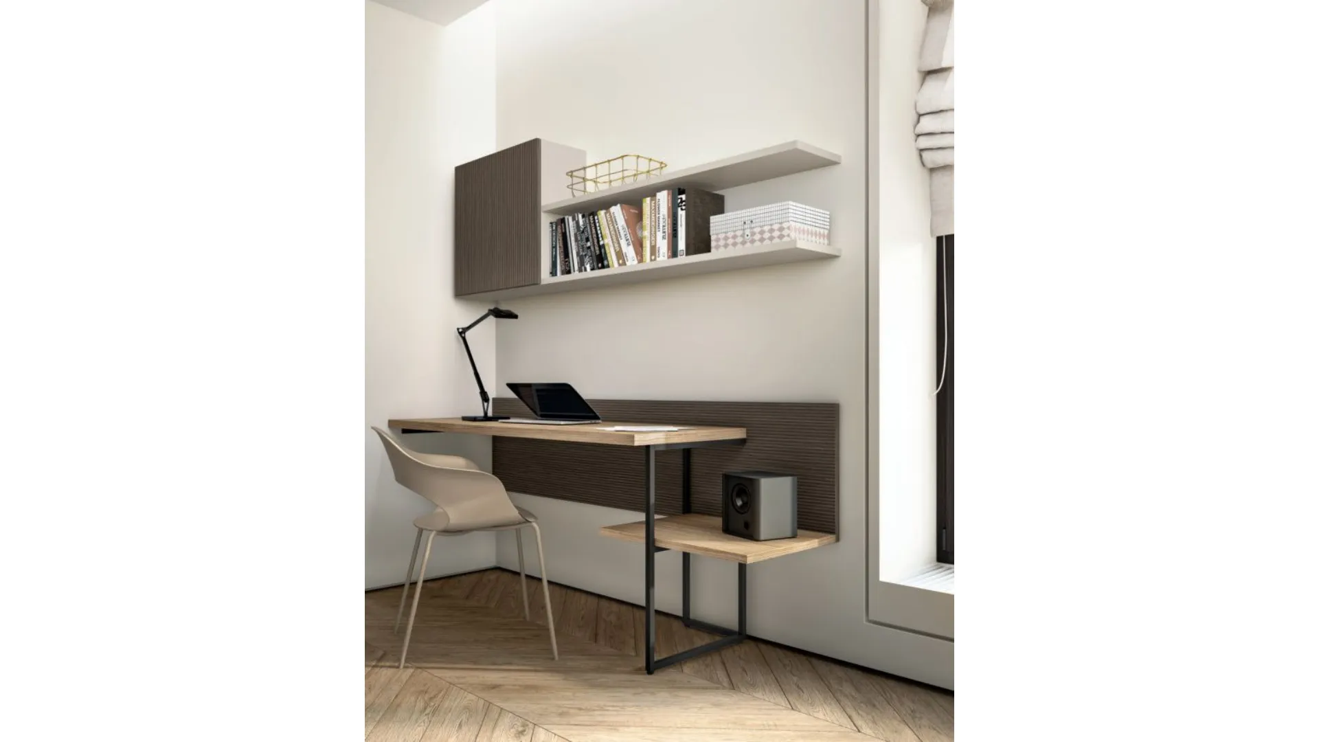 Modern designed bedroom with desk and peninsula cabinet ideal for integrating TV.