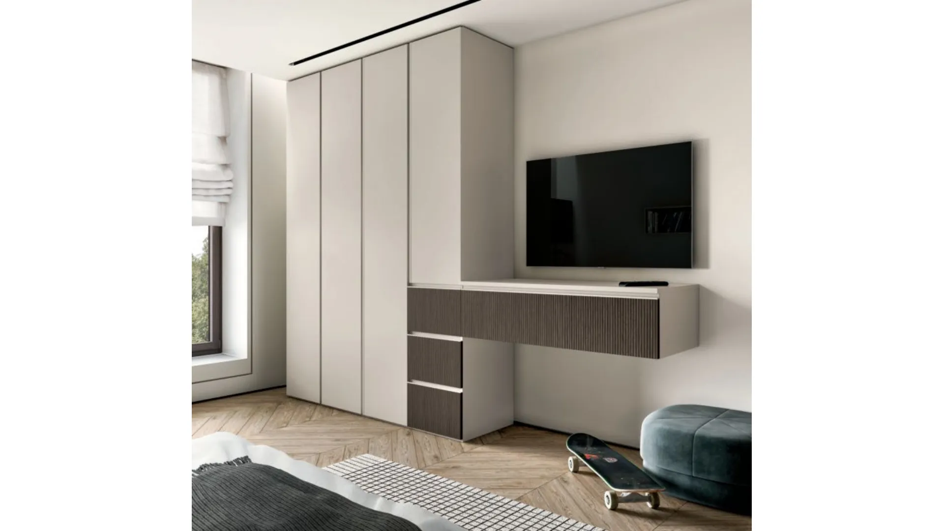 Modern designed bedroom with desk and peninsula unit, perfect for integrating a TV.
