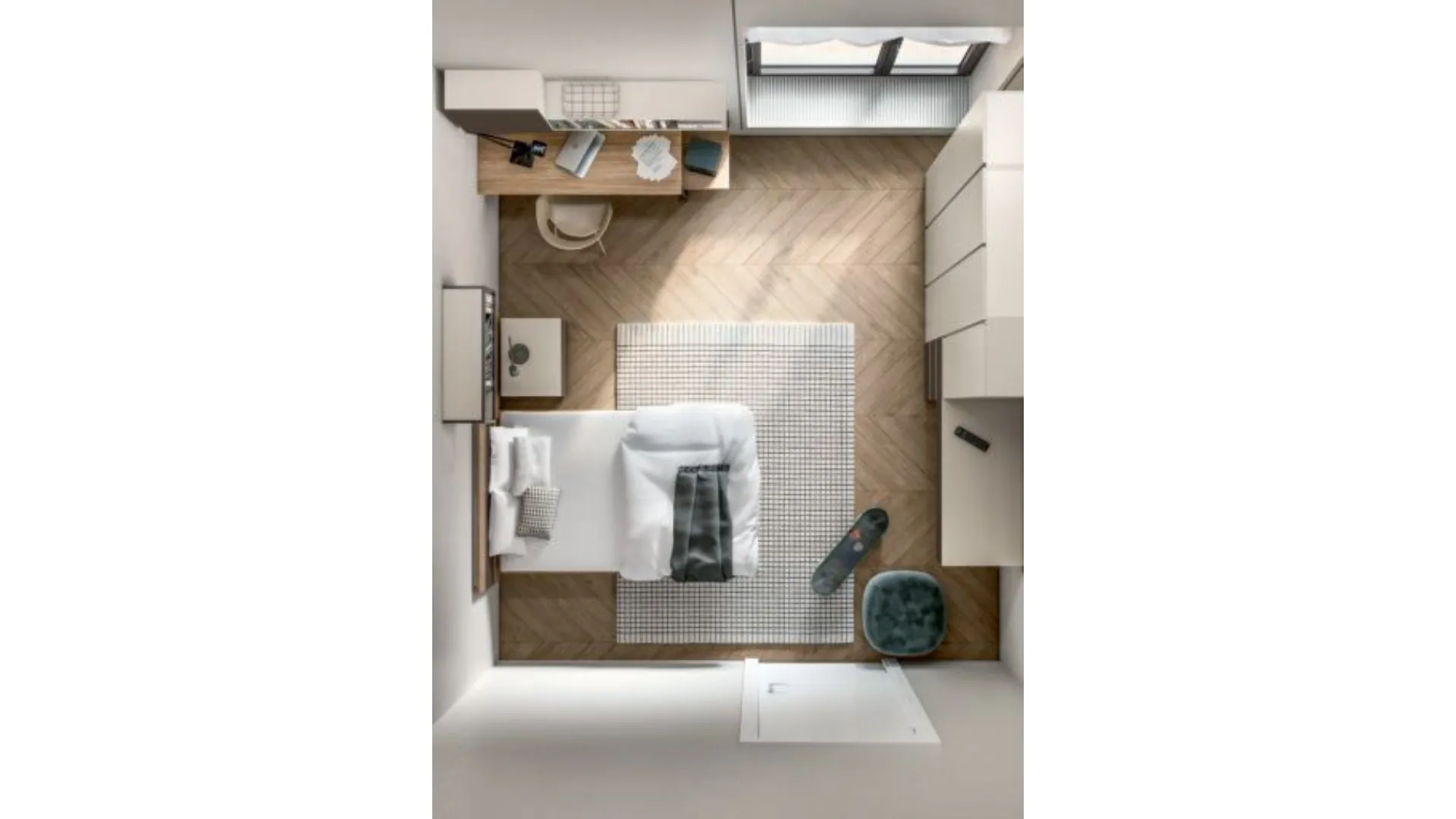 Modern design bedroom with desk and peninsula mobile ideal for integrating TV.