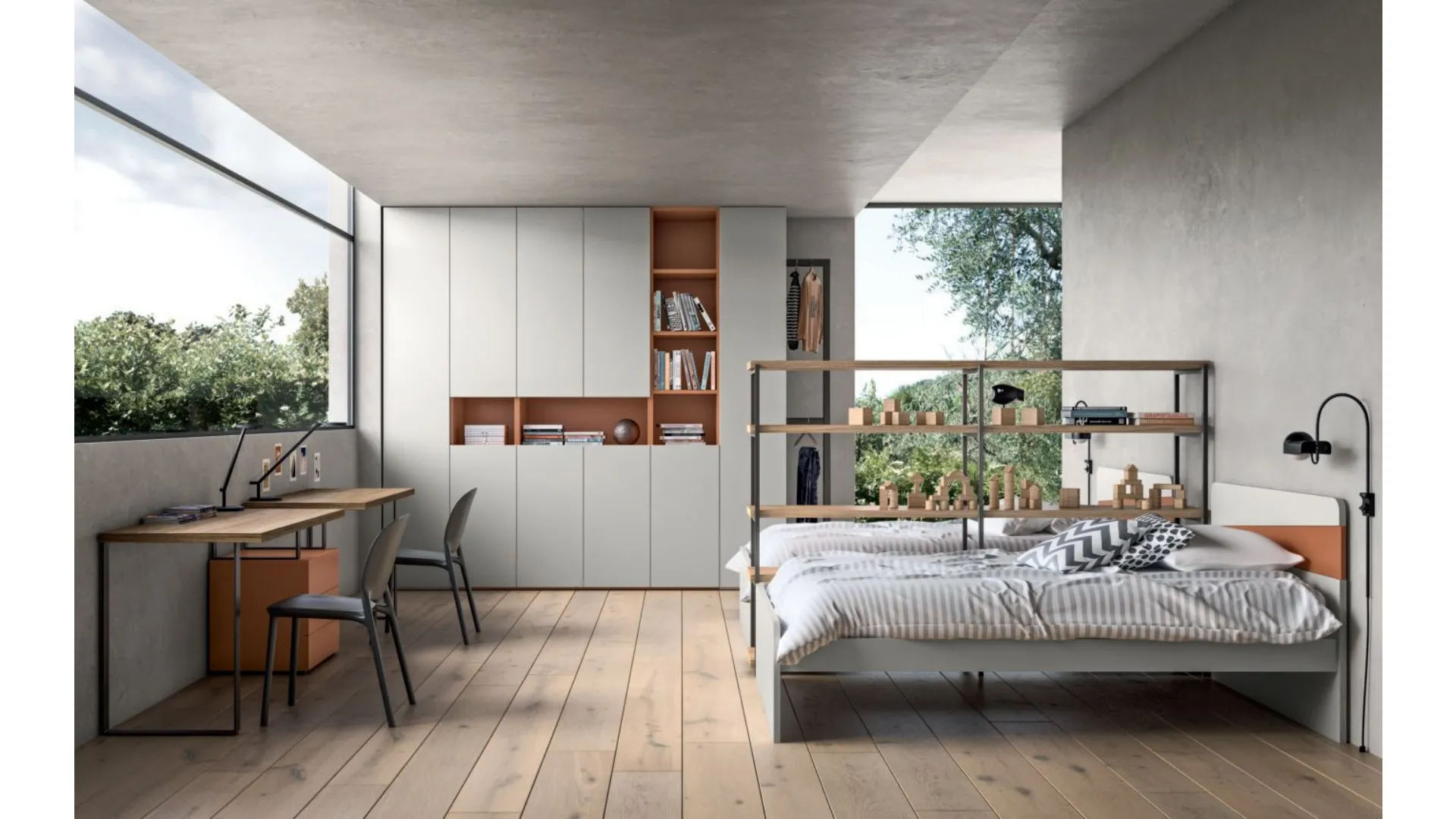 Modern room full of unique accessories, for a one-of-a-kind shared bedroom.