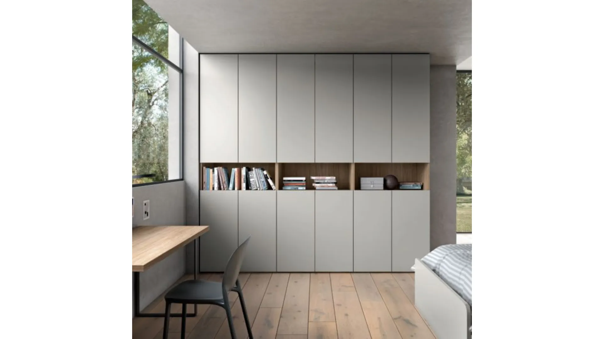 Modern bedroom rich in unique accessories, for a unique shared room.